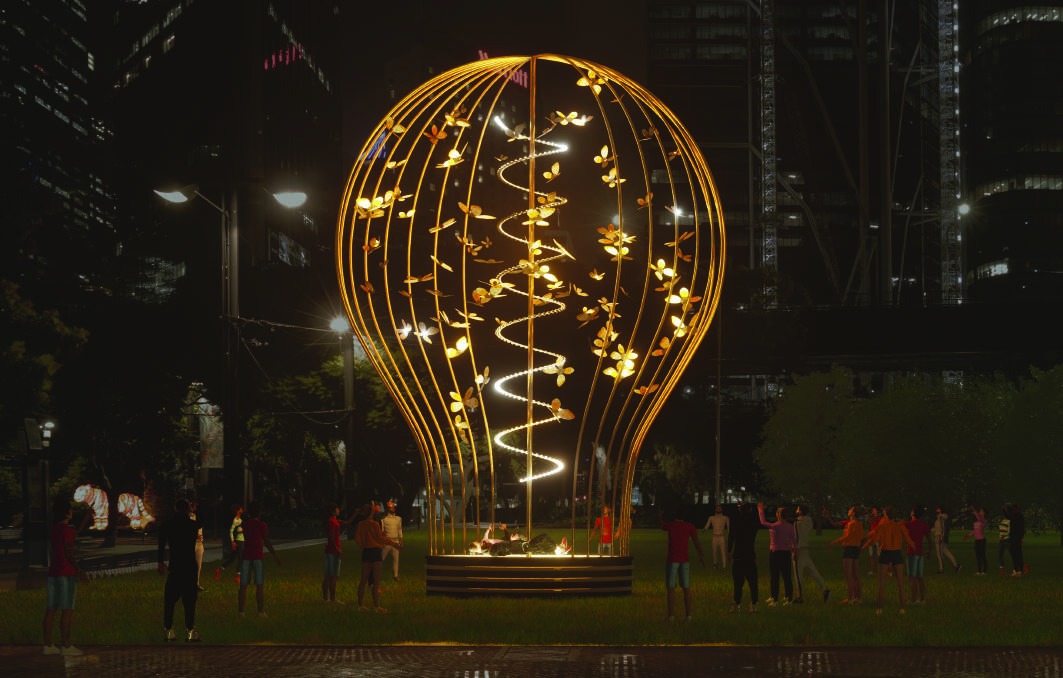 'Night Whisper' will be lit up at Barangaroo Headland from May 26 until June 17, 6pm to 11pm. The installation is by Amigo & Amigo. This silhouette of an oversized light-bulb invites us in, as does the fluttering inside, thanks to an eclipse of Australia's endangered Bogong Moths inside the bulb. Stand and watch as their wings cast shadows as they move, creating an enticing yet calming dance of light. Picture supplied.
