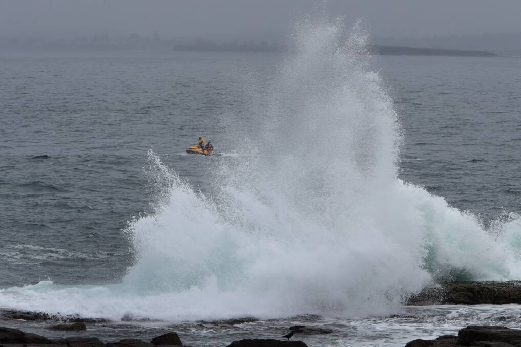A large wave crashes over the rock platform at Hill 60 in Port Kembla on Wednesday. Picture: Sylvia Liber