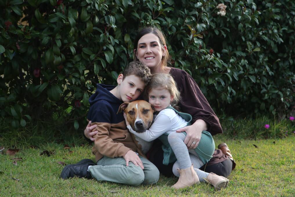 FOSTER CARER: Alia Reid and her children, Thomas and Eloise, are caring for Scout the staffy, 4, who would love a home with children and someone who is home a lot. Illawarra Picture: Sylvia Liber