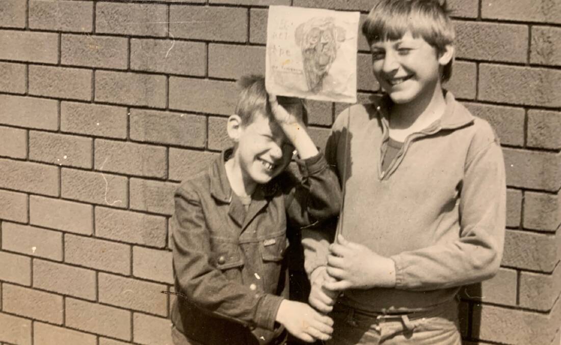 1971 of myself at my home in Port Kembla with school friend Jand fellow POTA fan John Zissus, with a home made 'Ape' flag' I made.
