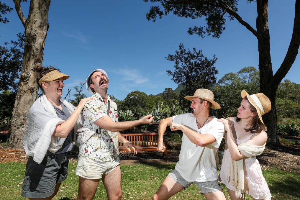 Cast members of Midsummer NIght's Dream Rose Maher, Duncan Ragg, Alexander Morgan and Billie Paige Harris rehearsing at the Wollongong Botanic Garden. Picture by Adam McLean