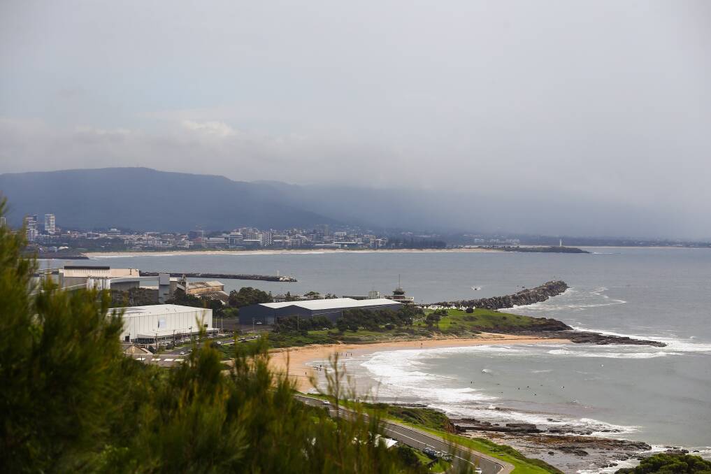 MARCH 2022: The view from Hill 60 Port Kembla looking north over the entrance to Port Kembla Harbour towards Wollongong. Picture: Wesley Lonergan