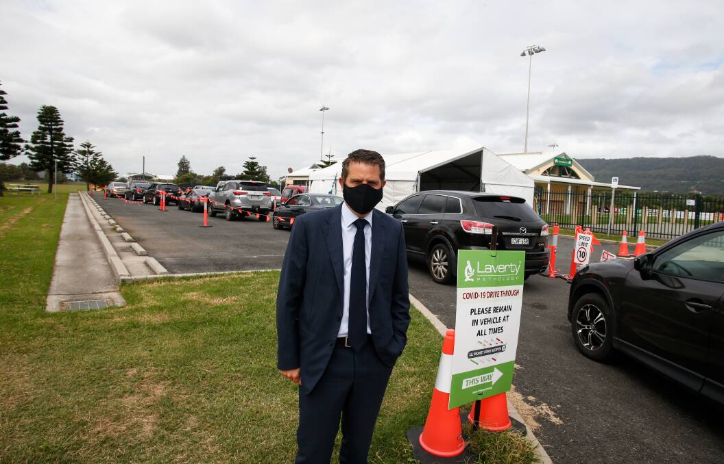  Labor's health spokesman and Illawarra MP Ryan Park addressing media outside a pop-up COVID-19 testing clinic near Ocean Park, Woonona on Monday morning. Picture: Anna Warr