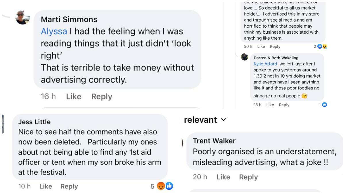Facebook comments by stallholders that have since been deleted from the Summer of Love Festival page. 
