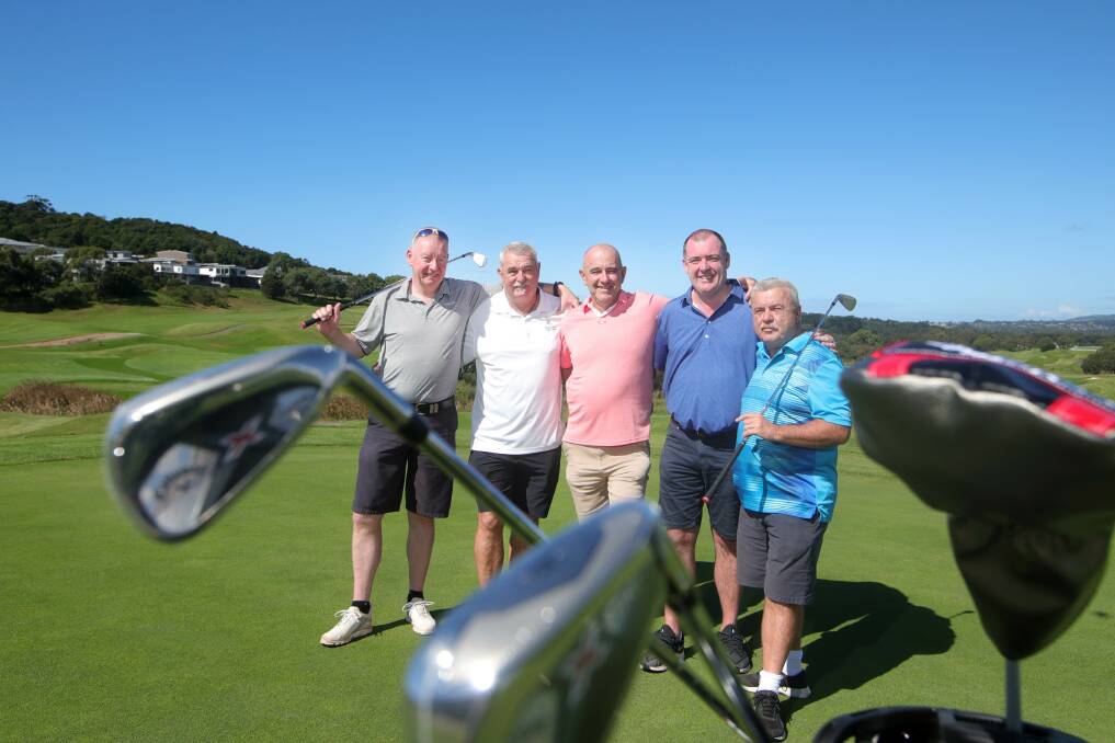 GREAT MATES: Graeme Sutherland, John Reynolds, Grahame Stinson, Mark Sleigh and Ray Angwin regularly tee up at The Links in Shellharbour to keep each other in check. Picture: Sylvia Liber
