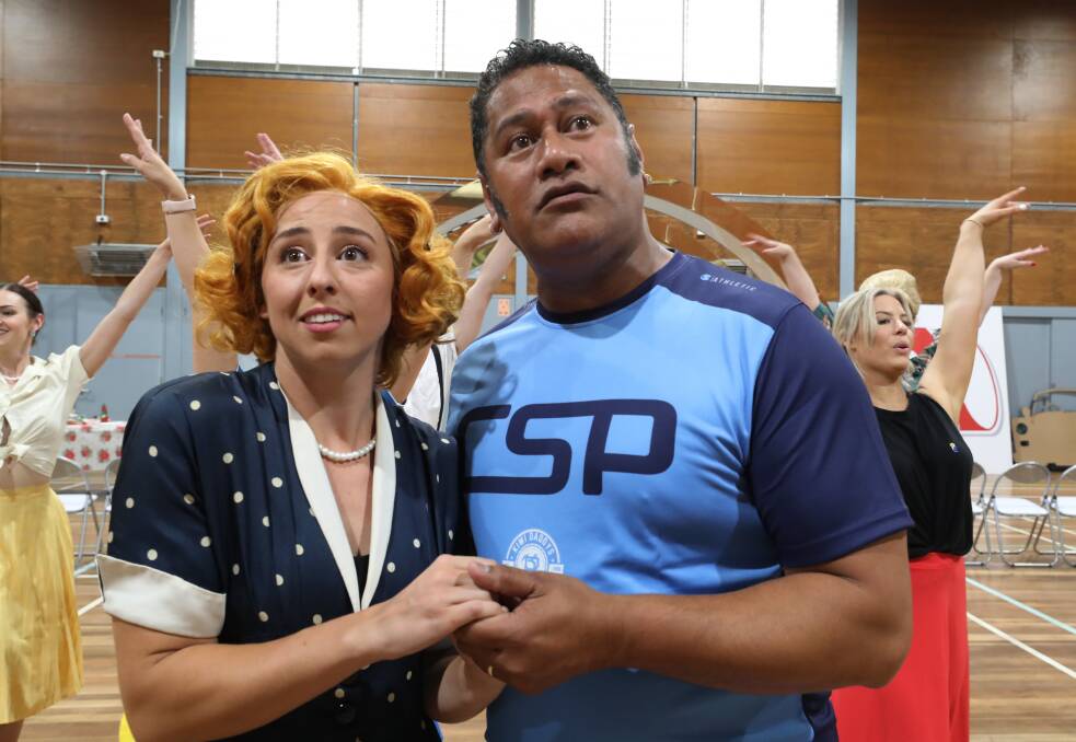 December 2020: Ex-Home and Away star Jay Laga'aia (as Teen Angel) rehearsing with Talia Chenaye (as Frenchy) for Grease - produced by So Popera. Picture: Robert Peet
