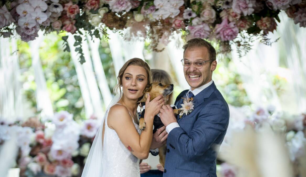 Sydney make-up artists Domenica, 28, with Wollongong financial planner Jack, 26, on their television wedding day. Picture: Nine