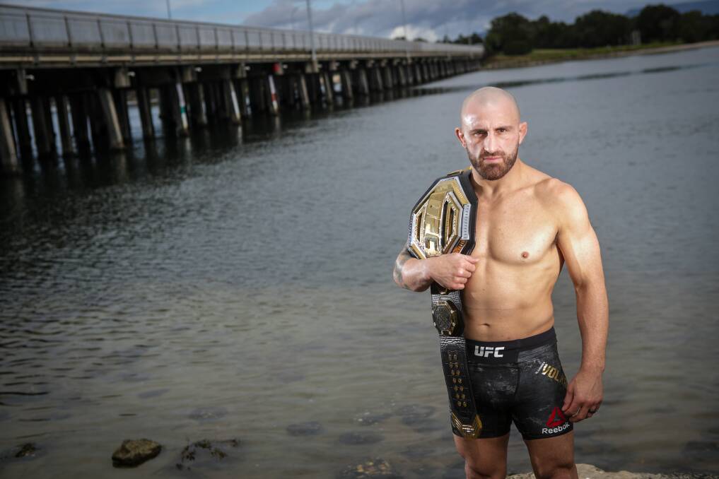 UFC featherweight champion Alex Volkanovski at the Windang Bridge near his home and where he grew up. Picture: Adam McLean