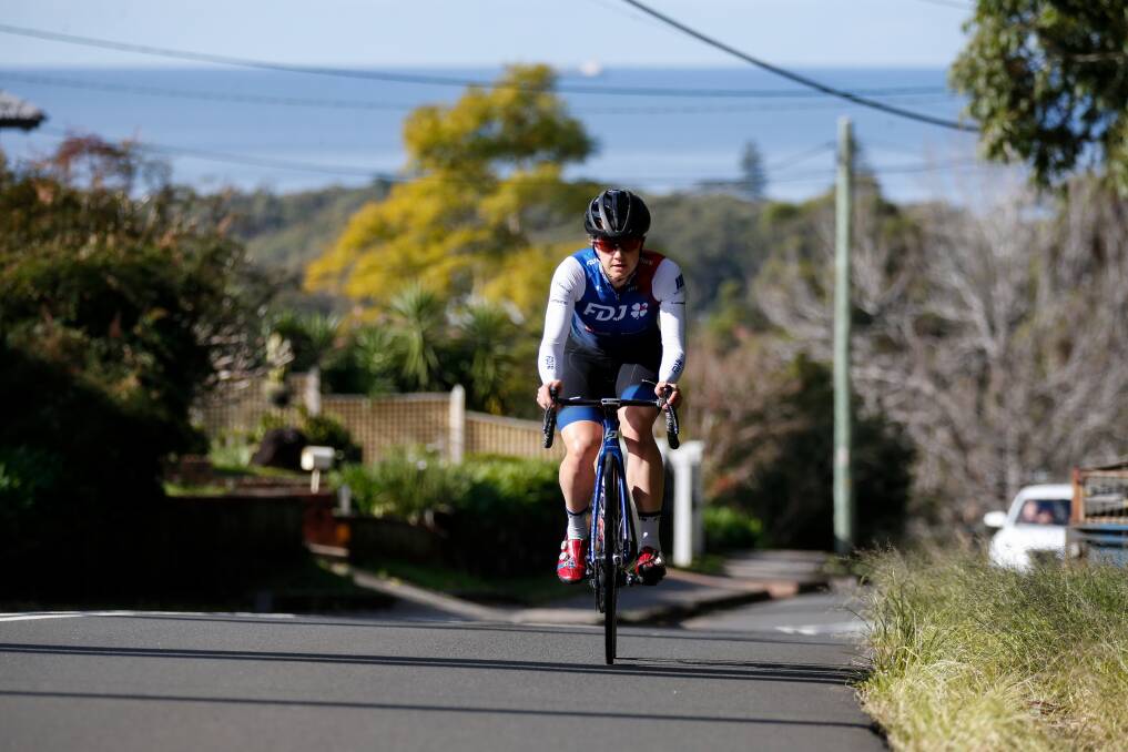 Olympic cyclist Grace Brown rides up Dumphries Avenue in Mount Ousley on June 30 ahead of the Wollongong 2022 UCI Road World Championships. Picture: Anna Warr