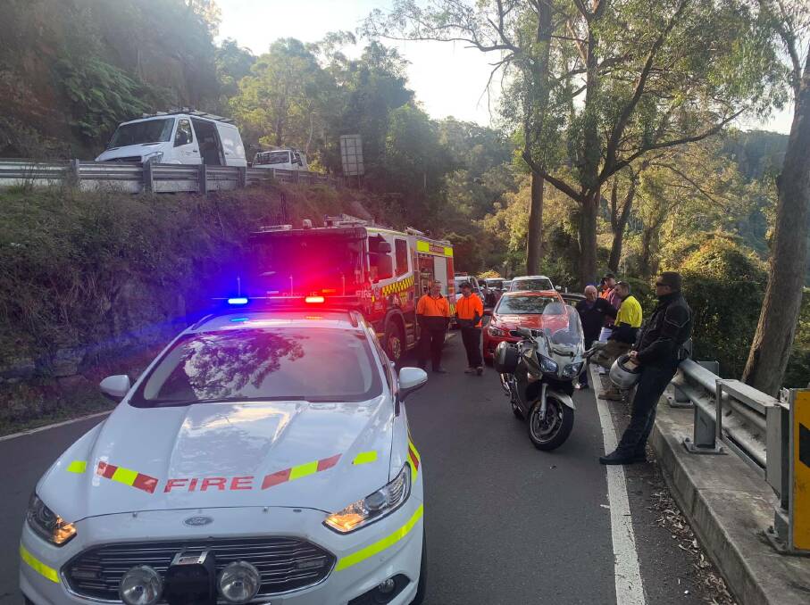 Numerous NSW Rural Fire Service and Fire and Rescue NSW responded to a reported heavy vehicle fire on Macquarie Pass with Wollongong Police. Picture: NSW RFS Illawarra District