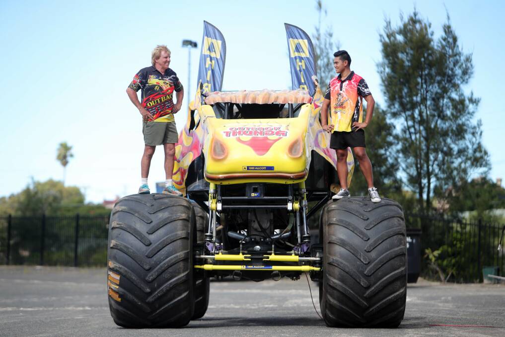 STANDING TALL: Clive Featherby has spent 25 years driving monster trucks, Cassius Stevenson began at the age of 11. Picture: Sylvia Liber