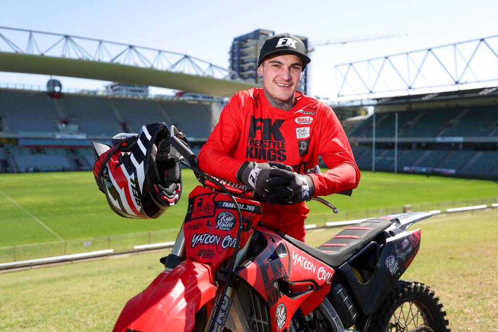 Young gun Trav Gelfius, 22, one of the youngest motocross stunt riders on the Freestyle Kings team. He'll be performing in Wollongong for the first time in 2024. Picture by Adam McLean