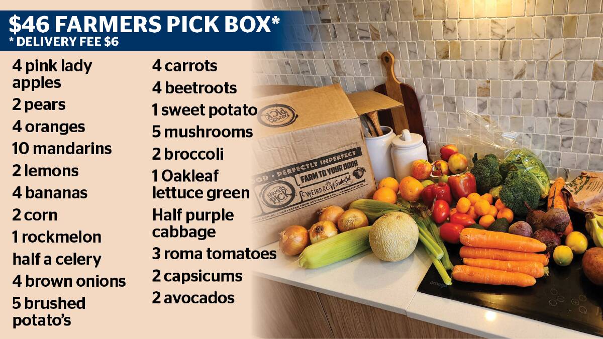 This is a $46 food box (10-12kg of fruit and veg) from Farmers Pick - the 'Couples Pick' fruit and veg, ($52.55 including delivery to the northern Illawarra). https://farmerspick.com.au Picture by Desiree Savage