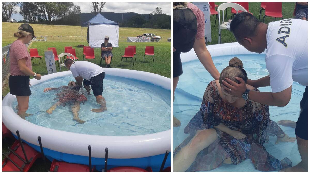 A woman being "baptised" in a blow-up pool at the Summer of Love festival at the weekend in Albion Park. Picture from Facebook.