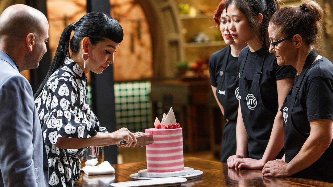Sweets expert Kat Sabbath and the cake Gina Ottaway (far right) had to mimic on MasterChef. Picture: Supplied
