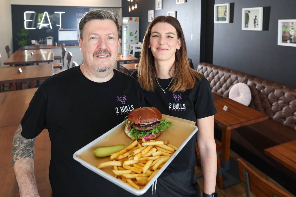 Steven and Hedydd Jamieson have opened a 'posh' burger eater in Warilla, called 2 Bulls. Picture by Adam McLean.