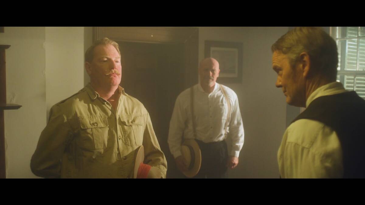 A scene from Sherbrooke Down, Craig McLachlan as Charles Grey, Anthony Thomas as Mr. Hall, and James Stewart Keene as Trooper Henderson. Picture supplied.
