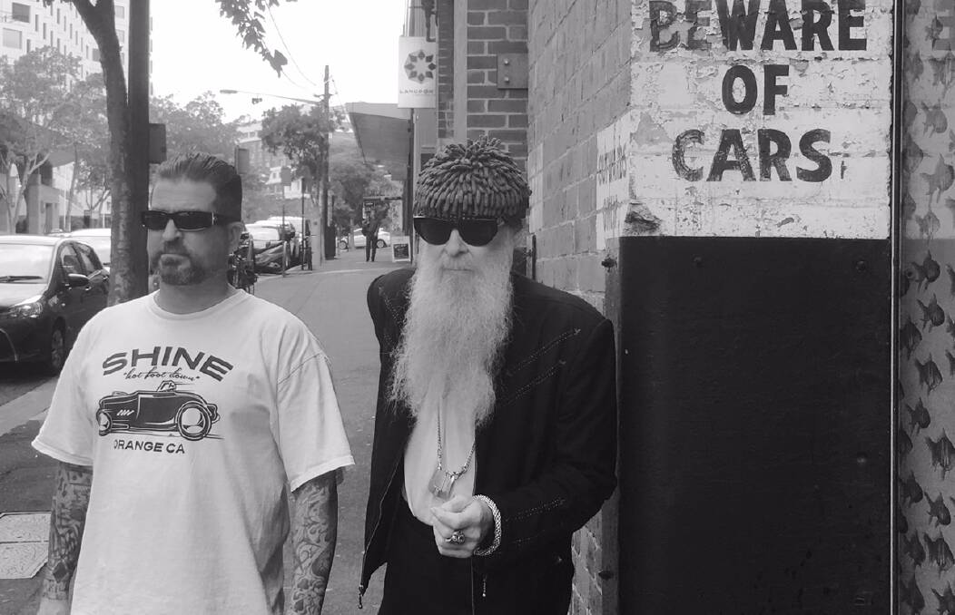 Jimmy Shine and Billy Gibbons in Pyrmont shortly after Gibbons arrived in Australia for his 'Up Close & Personal' tour in January. Picture: Rodney Brewer