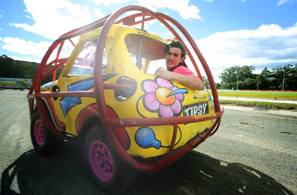 COMEDY CAR: Mitchell Lack, 23, drives custom mini's which bump around and roll upside down. Pictures: Sylvia Liber