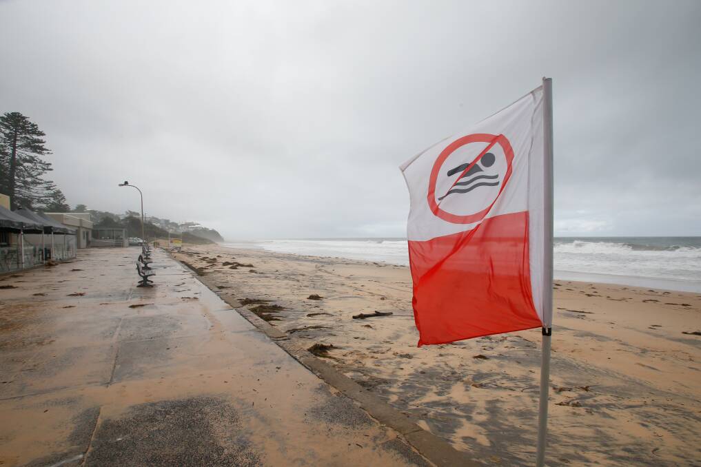 All of Wollongong's 17 patrolled beaches (along with the Continental Pool, Port Kembla Pool and Thirroul Pool) remain closed today due to predicted rainfall impacting on ocean water quality and hazardous sea conditions. Picture: Anna Warr