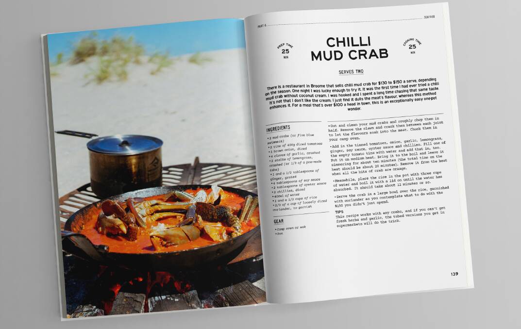 SAMPLE: Fire to Fork has an array of camp fire recipes from damper, jalapeno poppers, spaghetti carbonara, lamb cutlets with grilled watermelon, cocktails, and many ways with seafood - like the above chilli mud crab dish. Picture: Supplied