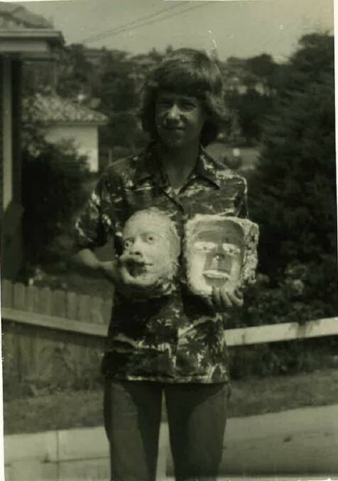 Tony with negative mould plus positive of his own face on which ape 'appliances' were sculpted