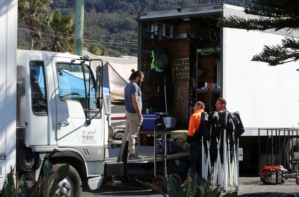 A new television series for streaming service Disney+ has been using Thirroul for filming, with production crews taking over a beachside carpark. Picture: Sylvia Liber