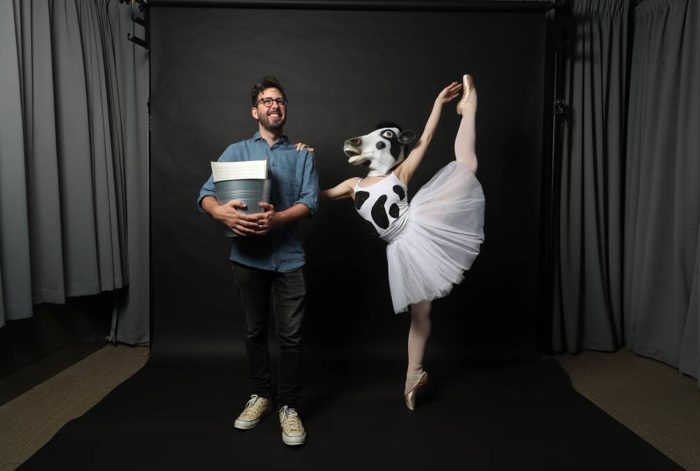 Ryley Gillen with ballerina Tina Hsieh ahead of the upcoming production of Swan Lake ... with Cows. Picture by Robert Peet.