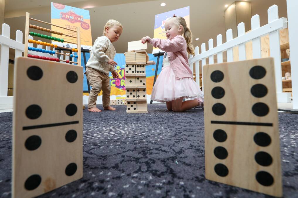 SHOW TIME: Lainey Anger, 4, with Noah Coleman, 20 months, at the Kids Corner space that will be open next week in Wollongong Central. Picture: Adam McLean