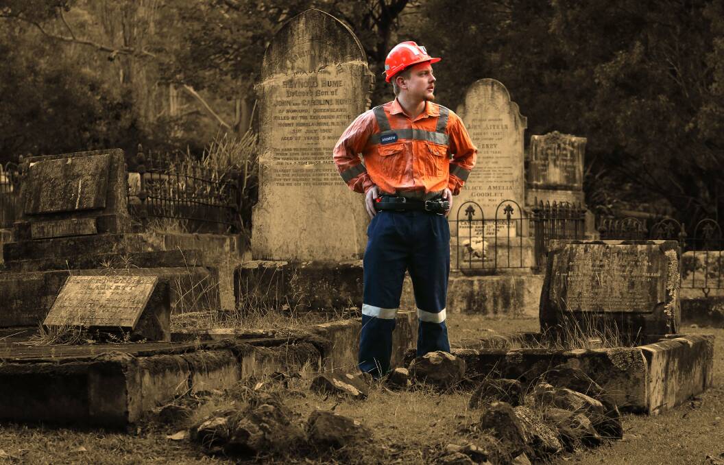 FLASHBACK: Actor Andy Relf at the Windy Gully cemetery performed as a miner in the production of Windy Gully in 2013 at the Phoenix Theatre. The company has produced another season of the Wendy Richardson play, running until the end of the month. Picture: ACM File Image