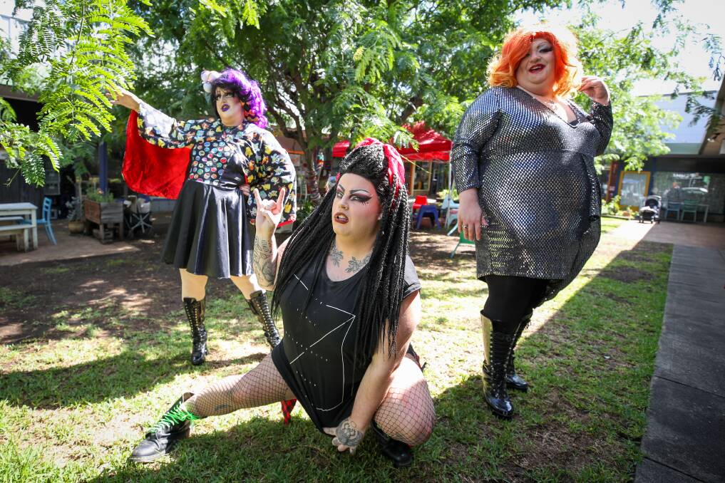 Connie Bathory, Lucy Furr and Miss Patsy DeClined from the Rainbow Underground are ready for the South Coast Fair Day in Port Kembla. Picture: Adam McLean