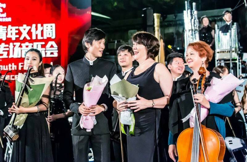 Judy Stubbs and Rita Woolhouse with members of the Chinese National Traditional Orchestra in Nanjing in 2015. Picture: Supplied