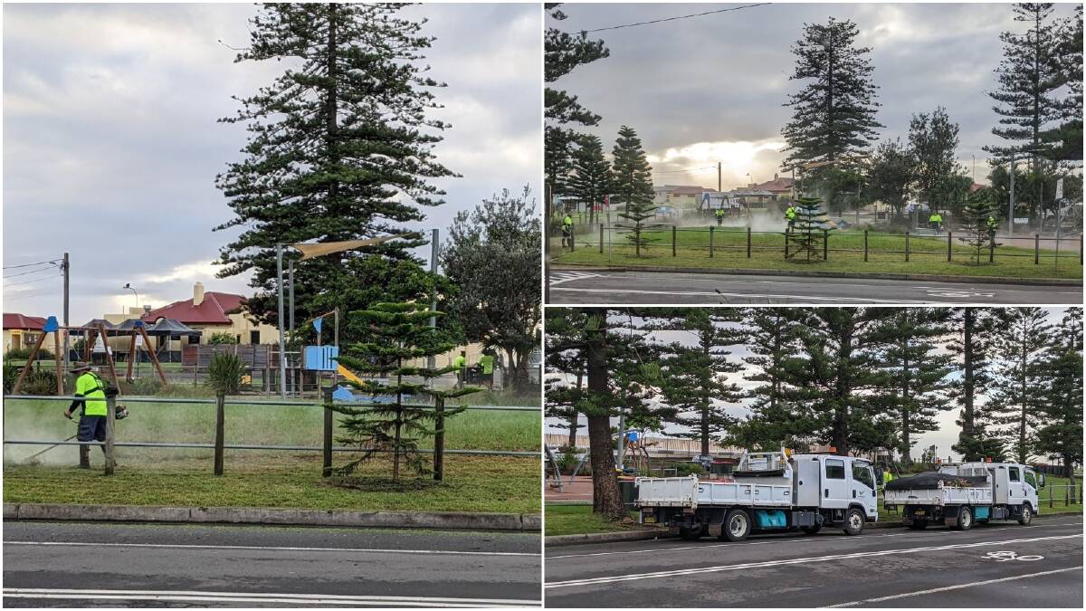 Wollongong City Council workers were out in force on Wednesday morning using every tool available to tidy broken branches at Thirroul beach Reserve and cut grass with whipper-snippers ahead of more wild weather forecast for later in the week. Picture: Supplied