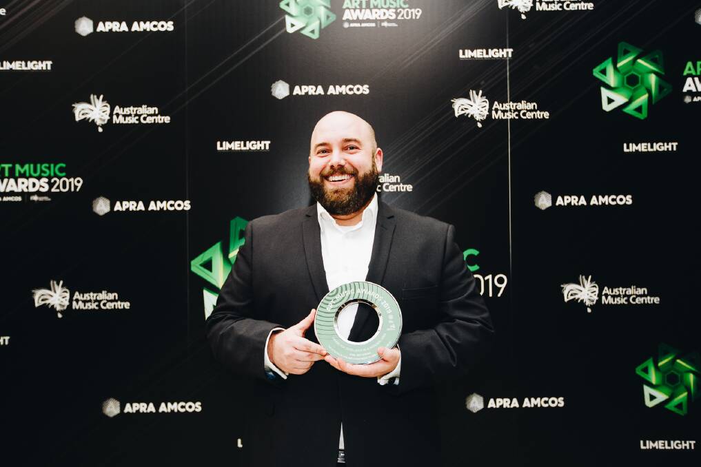 Kyle Little accepting 2019 Art Music Award on behalf of Steel City Strings, at a gala function at the Great Hall of the University of Sydney on Monday. Picture: Supplied