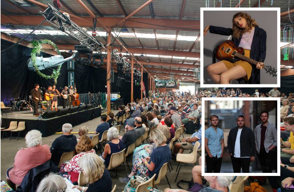 Main picture - the Illawarra Folk Festival in 2020 (by Anna Warr). Insets - top Emily Lubitz and Paul McKenna Band.