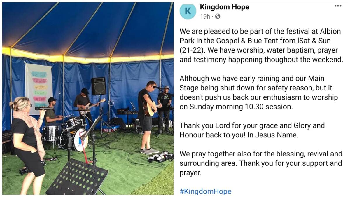 On a now deleted post, Sydney-based Christian band Kingdom Hope, who performed in the gospel tent said they were "pleased" to be part of the event.