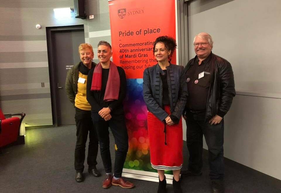 Ken Davis (righ) with other 78er Robyn Plaister, professor Anne-Marie Jagose anf Teres Casu current manager Sydney Gay and Lesbian Mardi Gras. Picture: Supplied