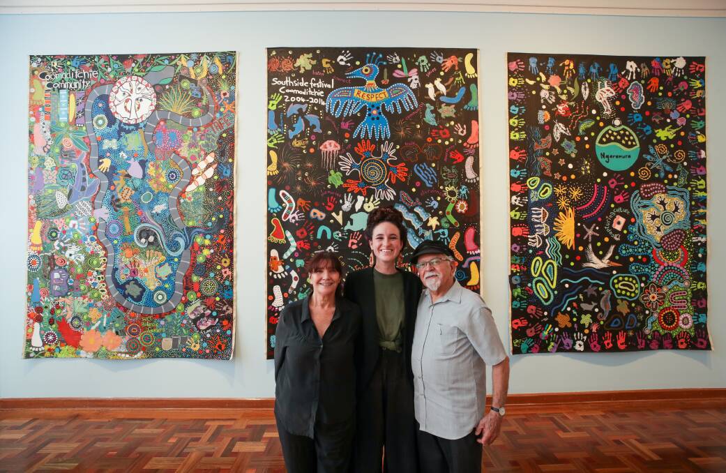 Curator Tess Allas and assistant curator Alinta Maguire with Uncle Vic Chapman at the Wollongong Art Gallery exhibition Coomaditchie: The Art of Place. Picture by Adam McLean.