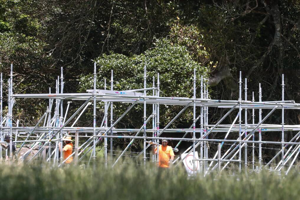 Workman erect scaffolding for what's understood to be Disney's new Planet of the Apes movie near Tullimbar. Picture by Adam McLean.