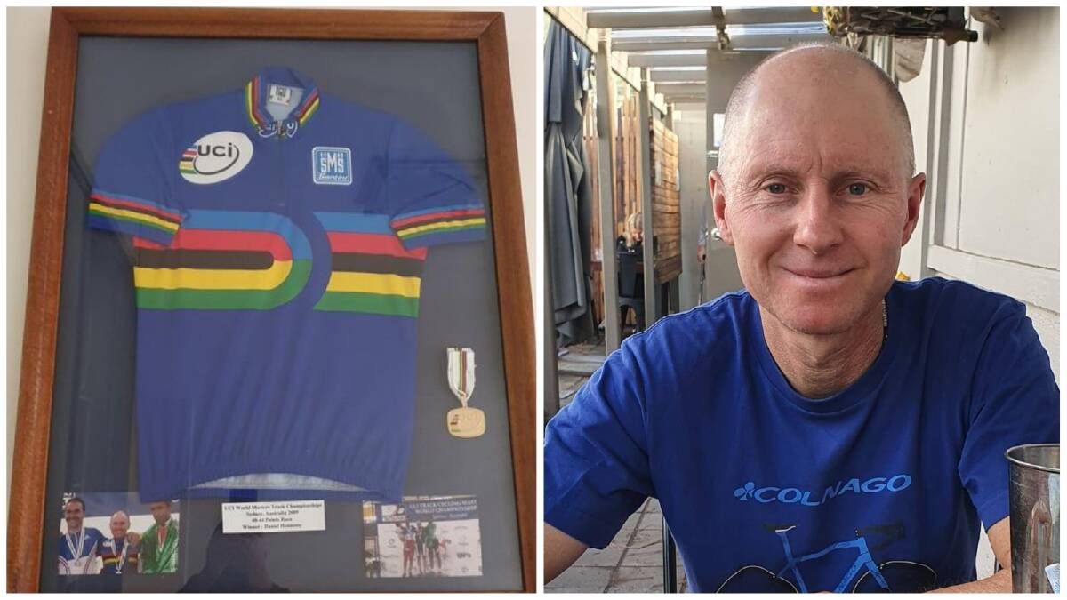 Coniston cyclist Daniel Hennessy and his winning UCI jersey and medal from 2009. Pictures: Supplied