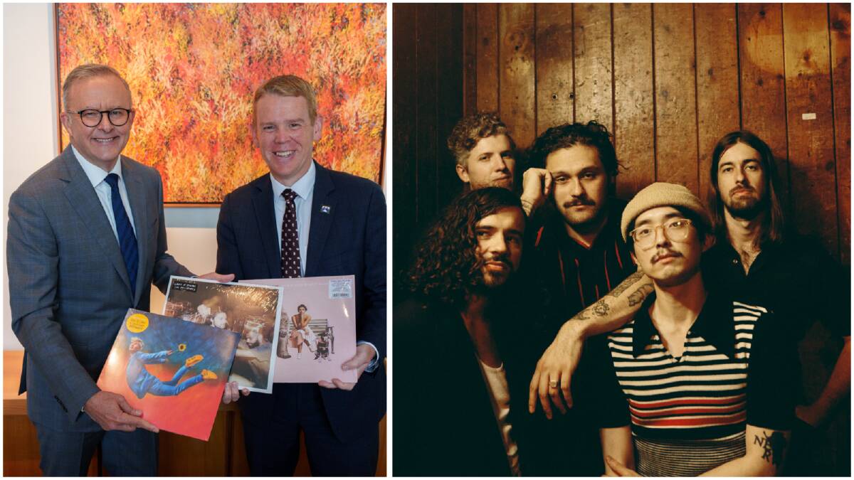 LEFT Anthony Albanese and Chris Hipkins. Picture from Twitter. RIGHT - Gang of Youths. Picture by Ed Cooke.