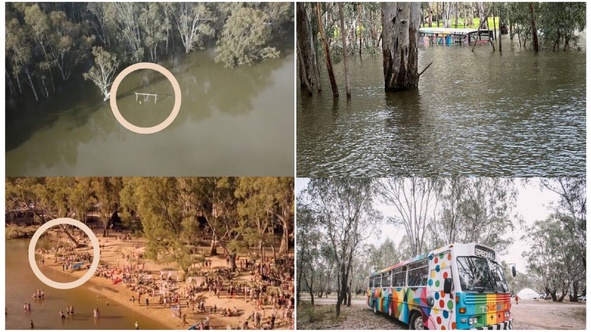 The festival site at Tocumwal used for Strawberry Fields is under water, with organisers releasing before and after photos after the event was cancelled. Pictures supplied.