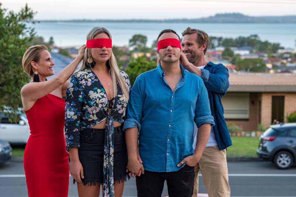 Interior designer Shaynna Blaze and builder Marshal Keen with Wollongong couple Jess and Fotis Lambis on the new Buying Blind television show. Picture: Supplied