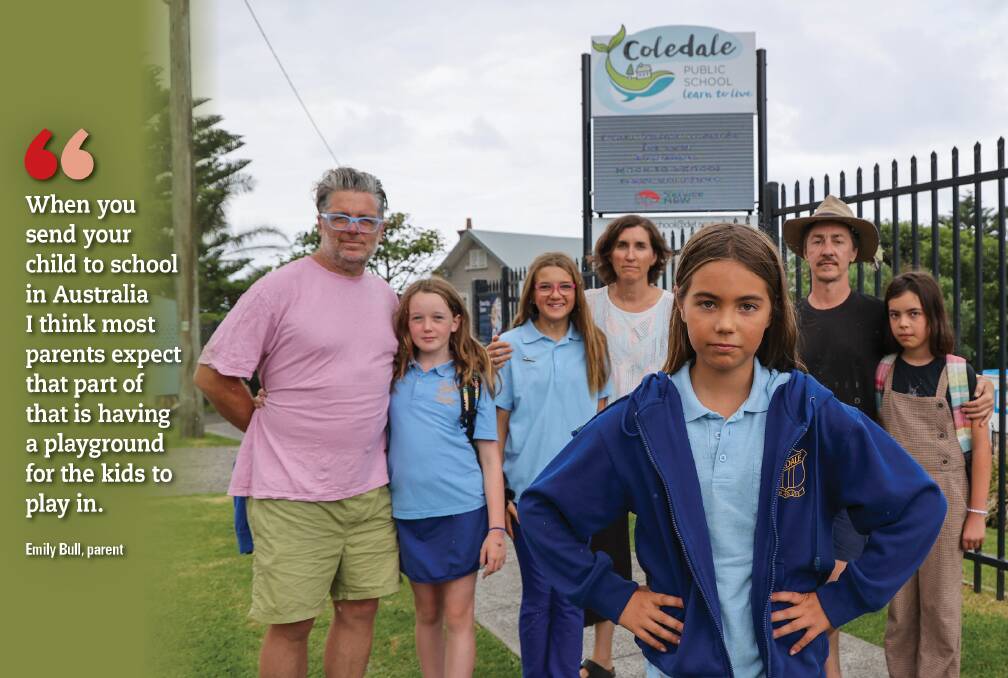 Coledale Public School is one of many where parents are fundraising for playground equipment as the Department of Education won't fund replacements. Pablo and Noni Jeffress, Wren Dubrowin, Colleen Lux, Bon, Jamie and Monty Madden. Picture by Wesley Lonergan.