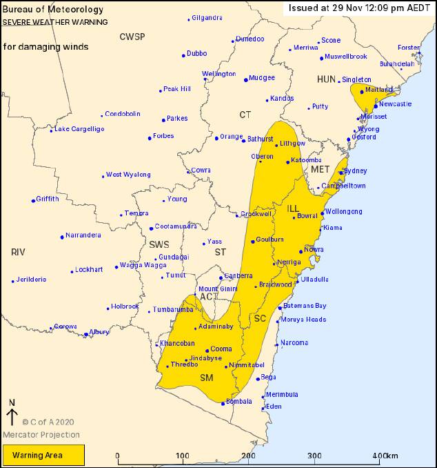 The Bureau of Meteorology has issued a severe wind warning on Sunday.