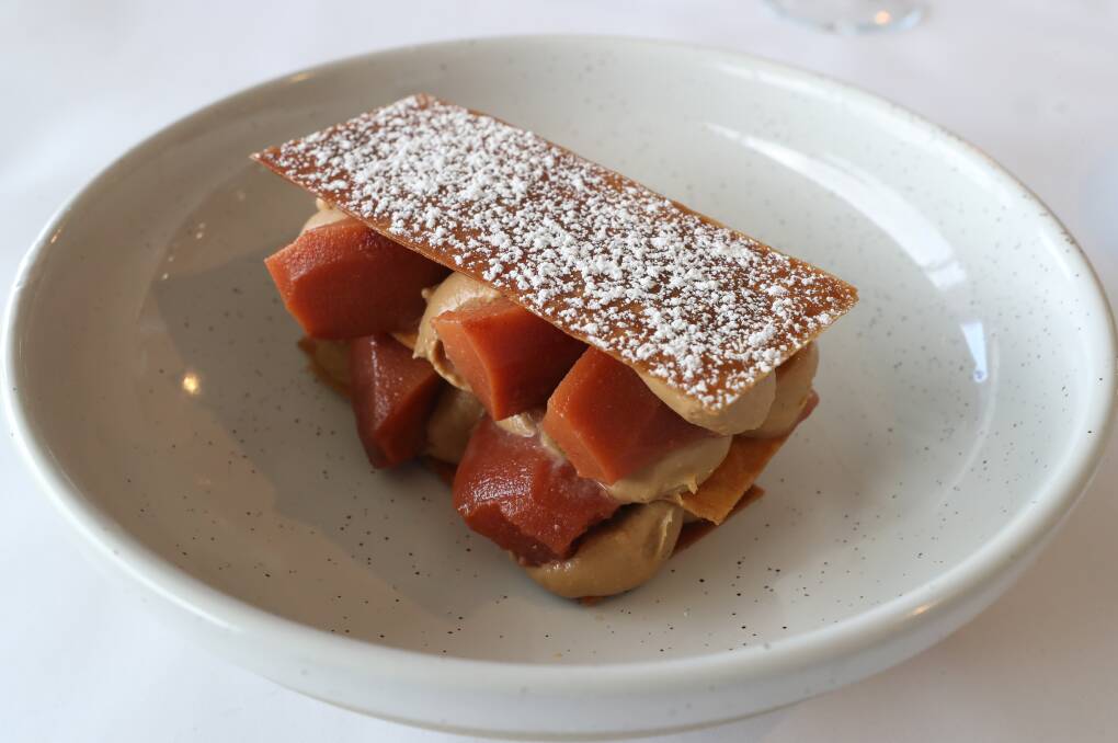Crooked River Wines September restaurant dish - millefeuille of poached local quince, roasted white chocolate and brittle pastry. Picture by Robert Peet.