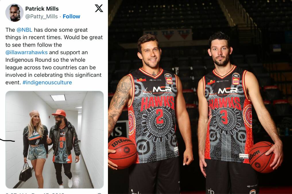 Tyson Demos and Kevin White model the Hawks Indigenous jersey in 2018. Inset: Patty Mills reps the jersey ahead of a San Antonio Spurs game. 