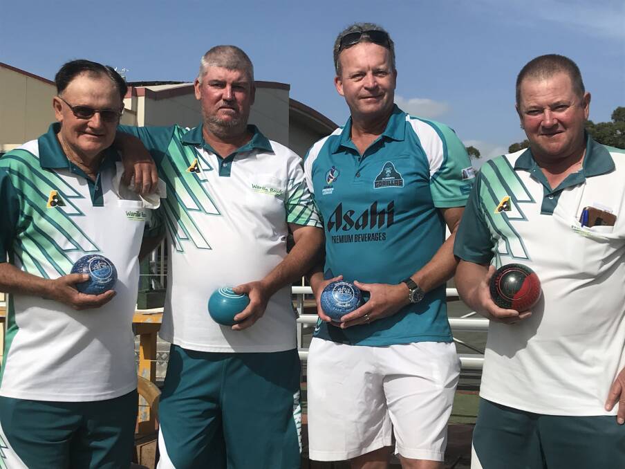 Mates: Dave Booth, Geoff Burke, Chris Murray and Garry Taylor played in the Wayne Crane Over 50s Pairs at Warilla. Picture: Mike Driscoll