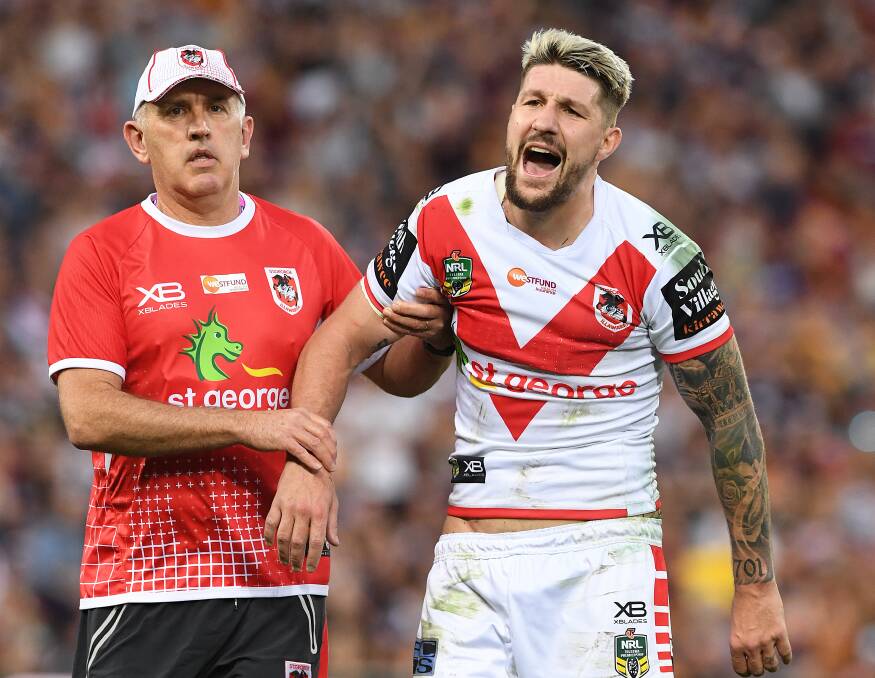 OUCH: Injuries, including Gareth Widdop's dislocated shoulder, struck at the wrong time for the Dragons last season. Picture: AAP