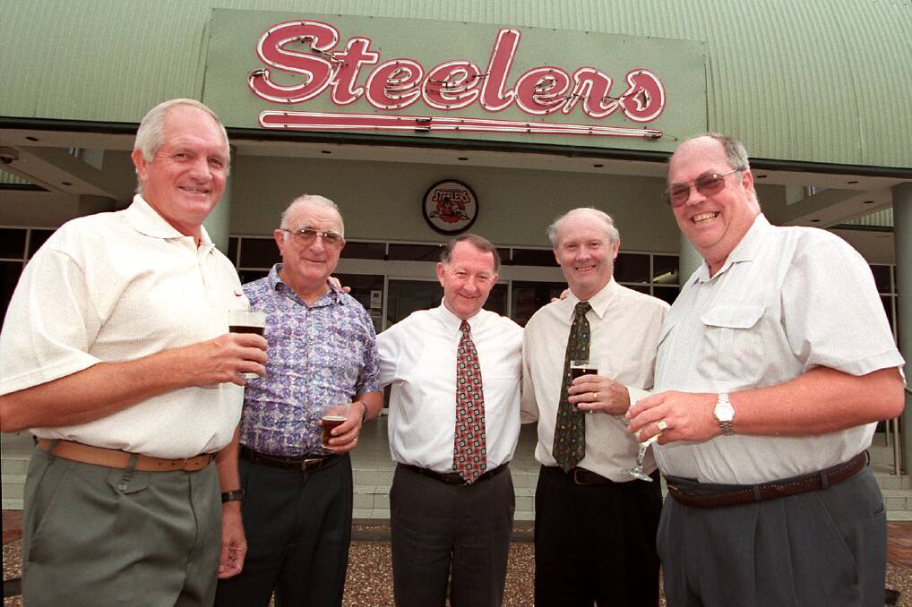 SERVANTS: Ray Nicholson (left) with fellow Steelers life members Tony Villa, Bon Millward, Ian Kirk and Jim Pearce in 1999. Picture: Orlando Chiodo